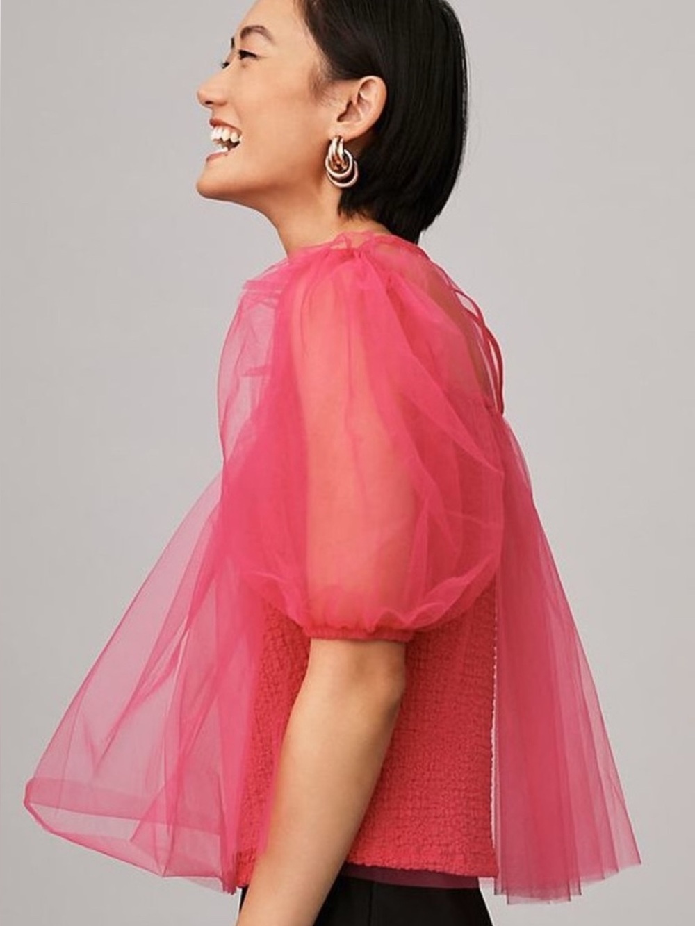 Anthropologie Sheer Magenta Puff Sleeve Top Small - Picture 4 of 10